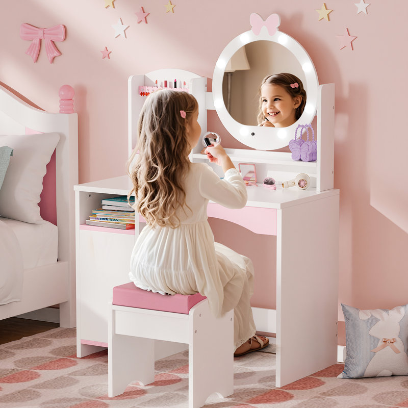 Kids Vanity Table And Chair Set – Vanity Set With Mirror, White