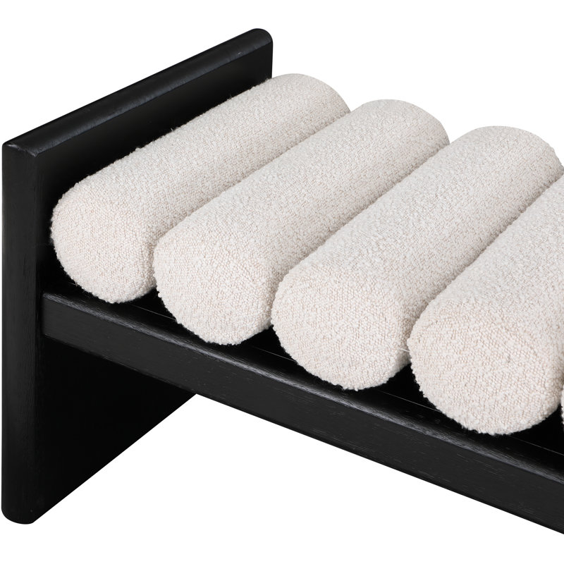 Contemporary Black Wood Bench with Rich Green Boucle Cushion