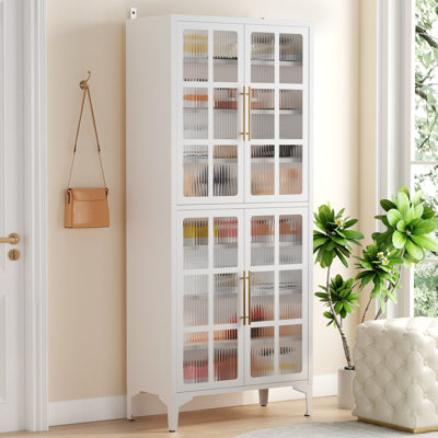 Steel Shoe Cabinet With 4 Doors & 8 Adjustable Shelves, Large Capacity Storage Organizer With Hooks – 65"H X 27.6"W X 13.8"D, White