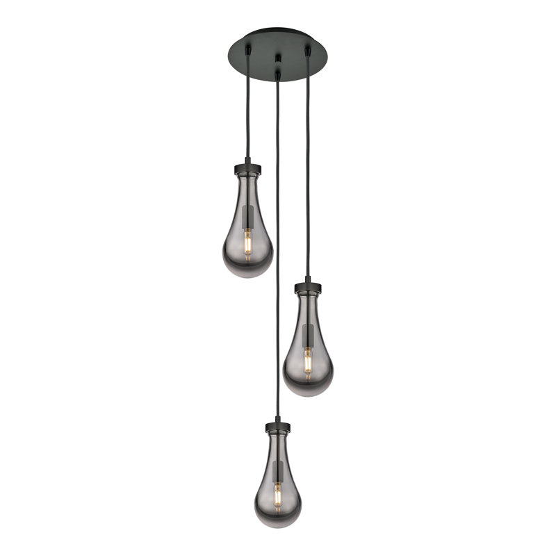 Luminaire suspendu grappe à 3 lumières Baysinger, Gris fumée clair, Noir mat