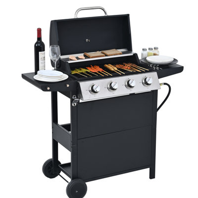 Stainless Steel 4 Burner Propane Gas Grill, 34,000 , With Cooking Grates And Two Shelves For Balcony Construction, Transportable Wheels Patio