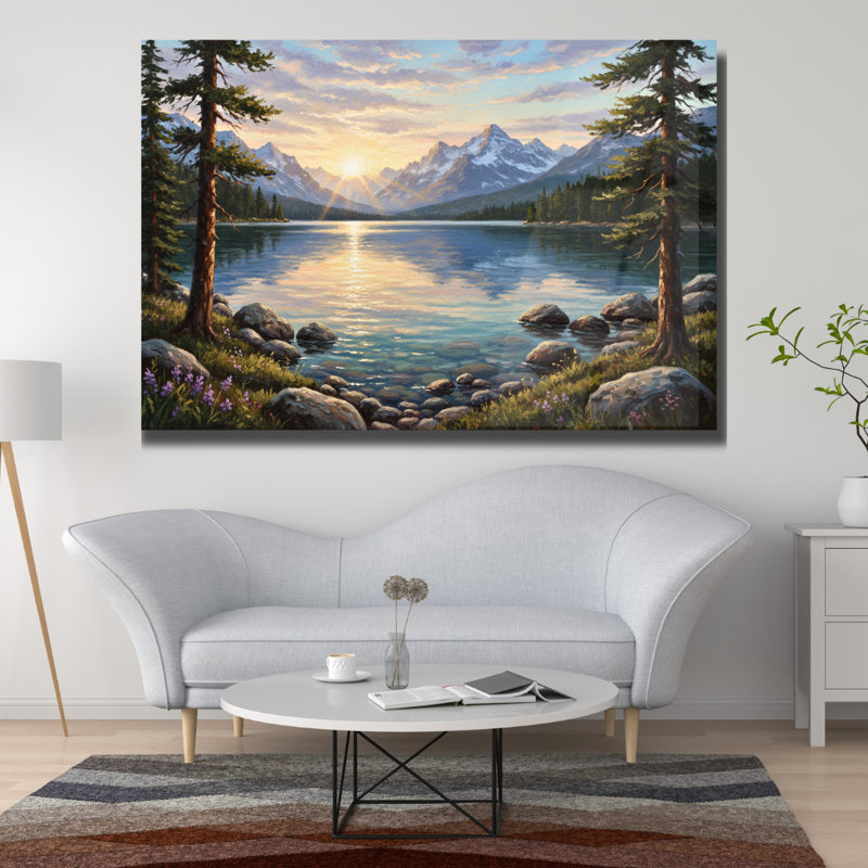 Tableau mural en verre trempé au coucher du soleil sur le lac alpin, H 24 po x l 36 po