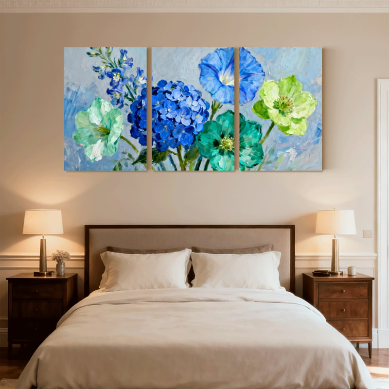 Plantes et fleurs, ensemble de 3 reproductions d'art sur toile bleu et vert, H 18 po x l 36 po
