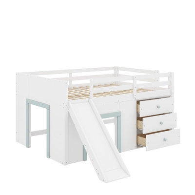 Full Size Low Loft Bed With Slide,Storage Drawers And Two Doors