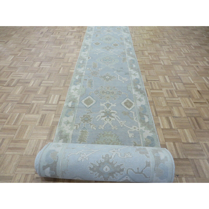 Tapis de couloir bleu ciel en laine noué à la main de conception unique 3 pi 1 po x 27 pi 8 po Hurst