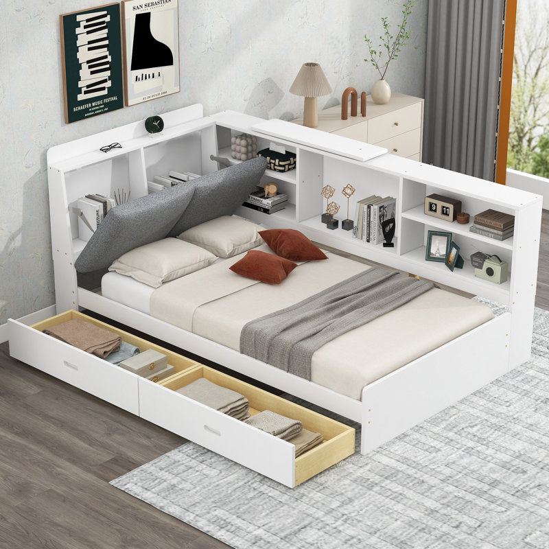 Lit plateforme en bois avec tête de lit avec rangement, tablettes et 2 tiroirs, Simple, Blanc