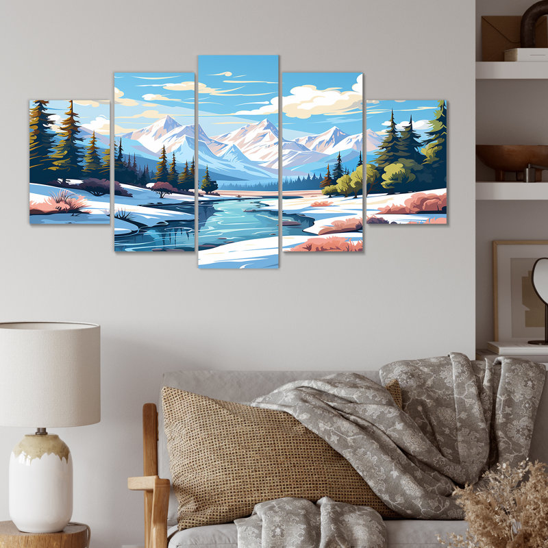  «Rocky River Reverie - Forest River Mountains, art mural multi-panneaux pour le salon