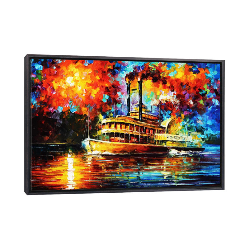 «Steamboat» par Leonid Afremov - impression d'art graphique, H 18 po x l 26 po x P 1,5 po, Toile avec cadre noir patiné