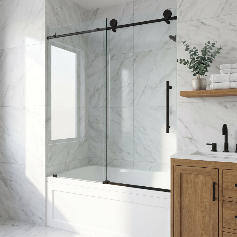 Elan Hart 56-60" W x 66" H Sliding Frameless Tub Door with 3/8" Clear Glass, Matte Black