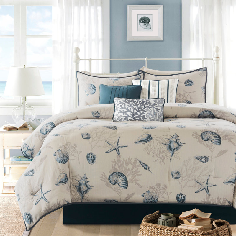 Ensemble d'édredon en satin de coton 7 pièces bleu