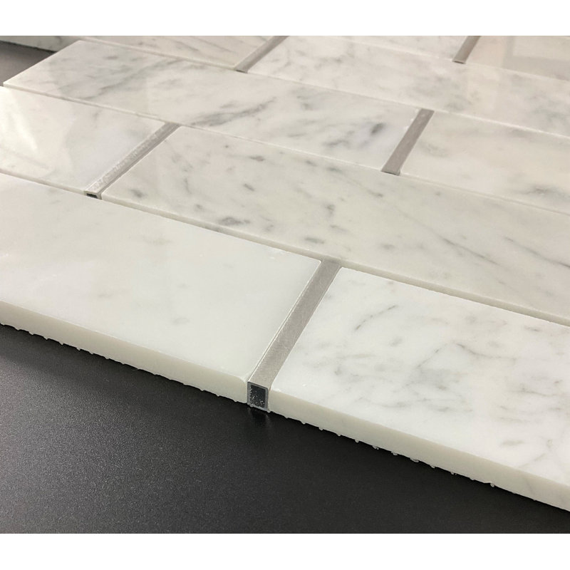 2" x 6" Marble Mosaic Pattern Wall & Floor Tile, White Carrara/Silver