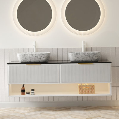 Meuble-lavabo 60 po avec lavabo, armoire de rangement en contreplaqué flottant, 2 tiroirs et tablette à fines rayures, capteur de lumière, 2 vasques en céramique à motif marbré et plateau en pierre frittée noire, blanc