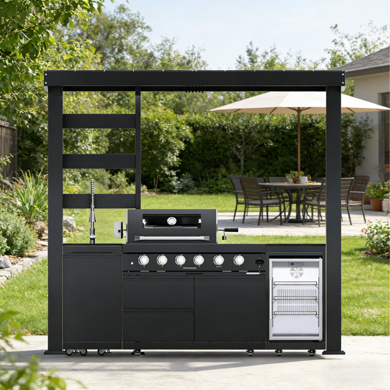 Cuisine extérieure en acier galvanisé avec barbecue et réfrigérateur en acier inoxydable, Black