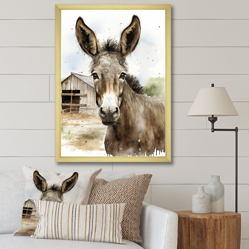 «Donkey Portrait Country Charm II» - art mural âne, Cadre doré simple, H 40 po x l 30 po x P 1,5 po