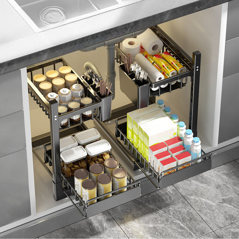 Rangement sous évier à 2 niveaux, armoire de cuisine avec 2 tiroirs coulissants, tablette sous l'évier à hauteur réglable