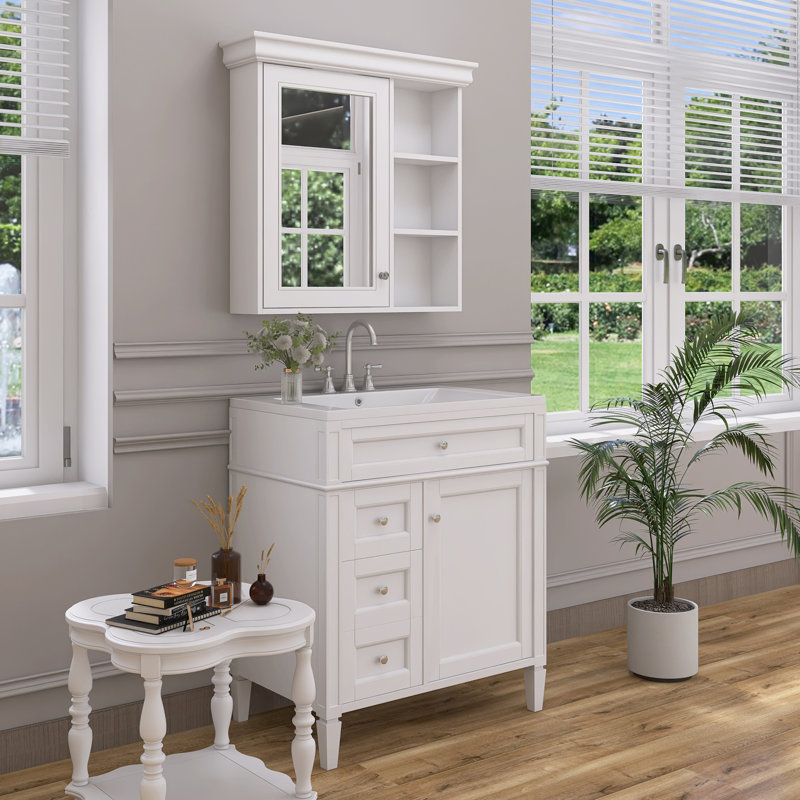 Meuble-lavabo simple 30 po avec plateau en résine et armoire à pharmacie Shaneca, Blanc