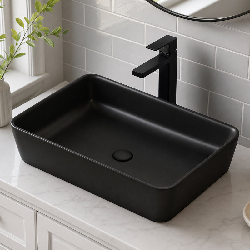 Matte Black Rectangular Ceramic Vessel Sink, Counter Bathroom Vessel Sink for Bathroom Vanity