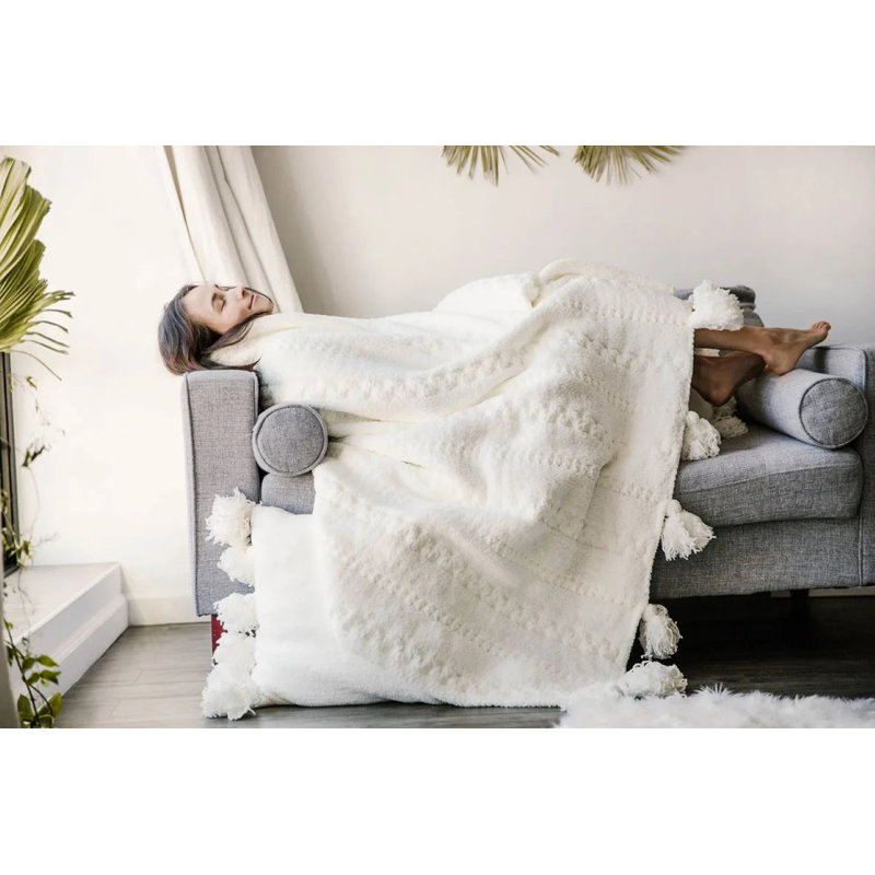 Braided Pom Throw Blanket, Off White