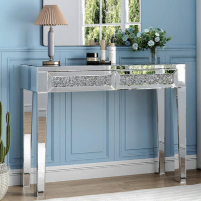 Mirrored Vanity Table Diamond Inlay 2-Drawer