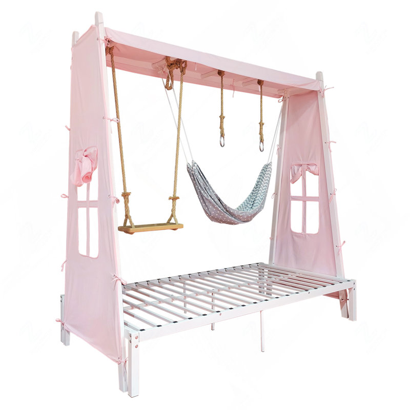 Lit double en métal avec structure en forme de maisonnette, tente de jeu, balançoire, hamac et baldaquin, rose