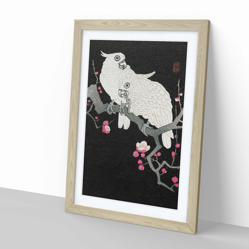 Plum Blossom Tree with Two Cockatoos by Ohara Koson - Picture Frame Painting Print on MDF, 50cm H x 35cm W x 2cm D, Oak