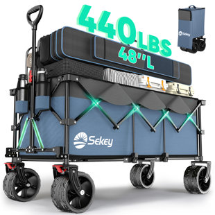 Sekey 48''l Collapsible Foldable Extended Wagon With 440lbs Weight Capacity, Heavy Duty 300l Folding Utility Garden Cart With Big All-terrain Beach Wheels & Drink Holders. Grey