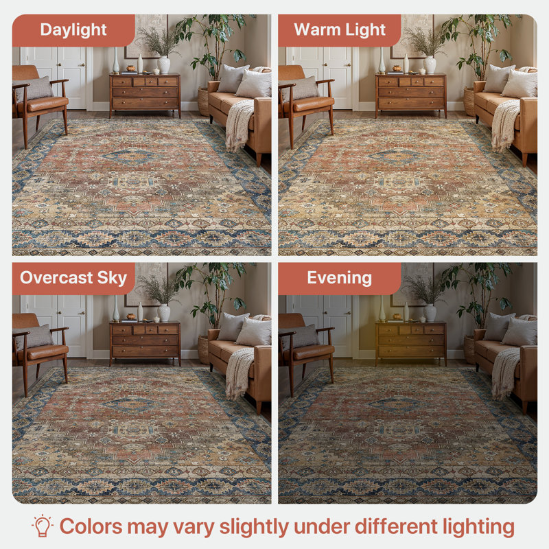 Oriental Neutral Vintage Machine Washable Non-Slip Red / Beige Indoor Area Rug, Rectangle 8' x 10', Red