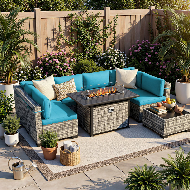 8-Piece Modular Outdoor Sectional Seating Set With Propane Fire Pit Table And Cushions, 3 Pcs: Sectional, Fire Pit, Table