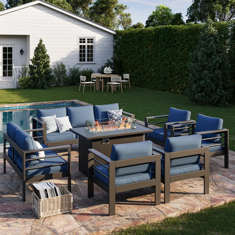 9-Person Sofa Seating Group With Fire Pit, Dark Blue Cushion/Gray Frame