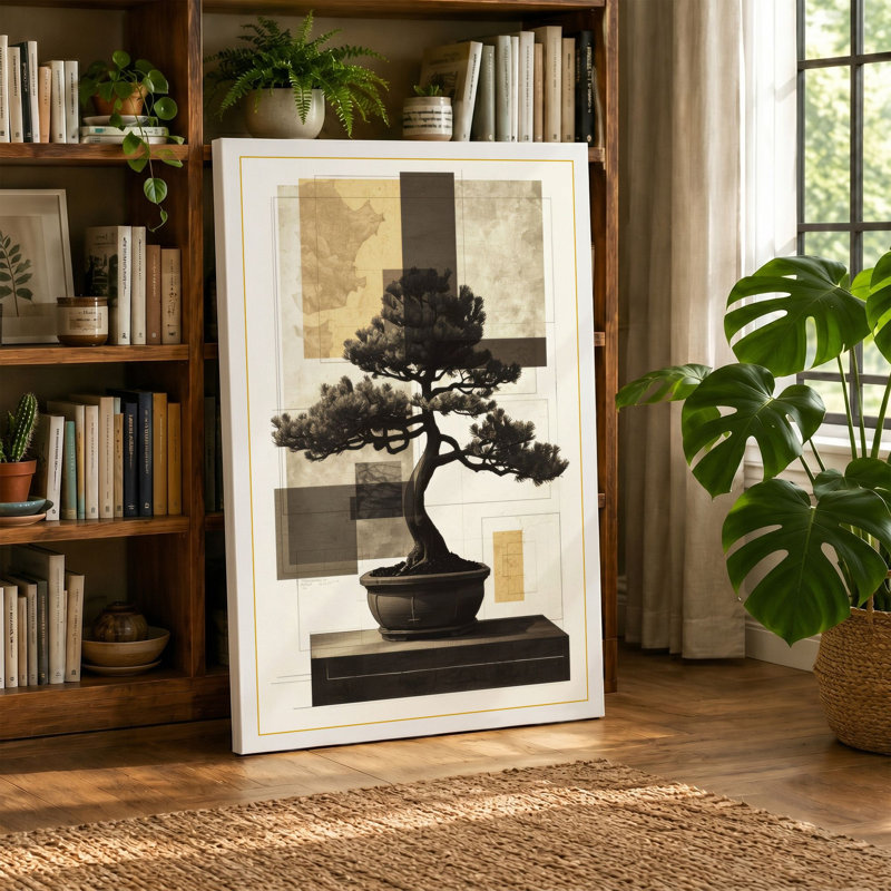 Bonsai in Geometry Japandi - Wrapped Canvas, 30x20 - 76.2 x 50.8 cm, Cream Border