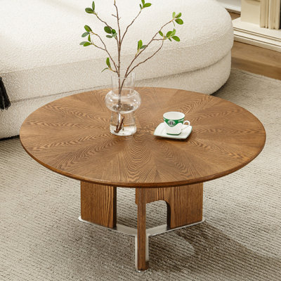 31.5" Round Coffee Table with Sculptural Abstract Base, Industrial Design Modern Wood Center Table for Living Room