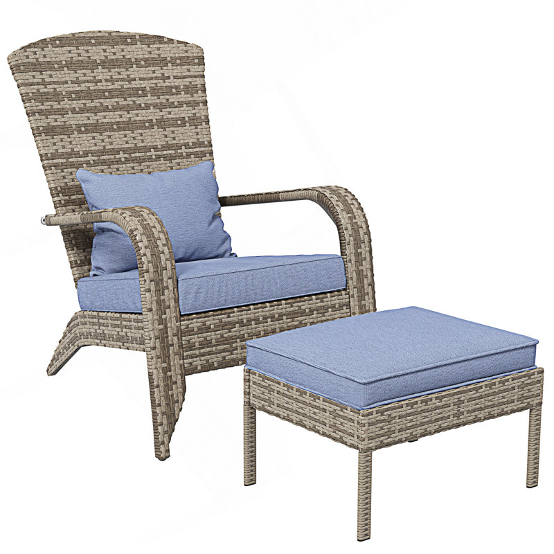 Patio Wicker Adirondack Chair With Ottoman, Outdoor Fire Pit Chair With Cushions, Gray