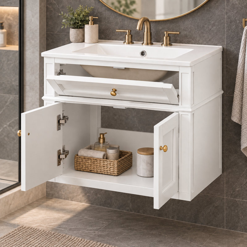 Meuble-lavabo mural de 61 cm (24 po) avec lavabo en céramique, armoire à 2 portes avec tiroir basculant, charnières à fermeture amortie et dos ouvert, noir