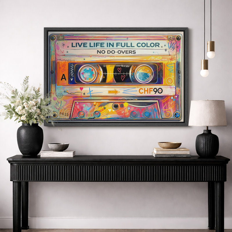 Cassette, œuvres d'art musicales rétro, impression sur toile encadrée, H 24 po x l 36 po x P 1,5 po, Cadre noir