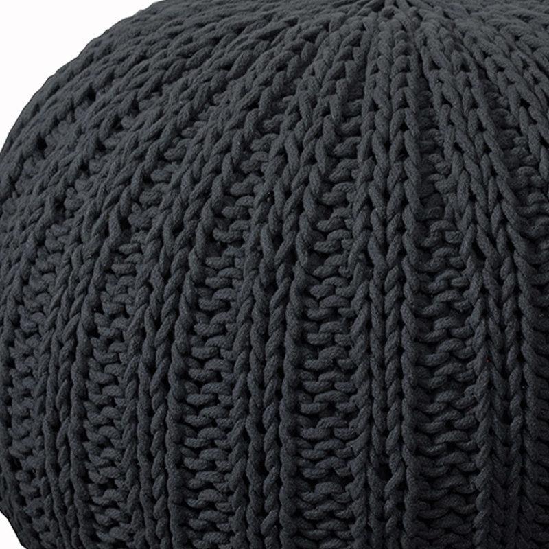 20" Beige Cotton Round Pouf Ottoman, Black