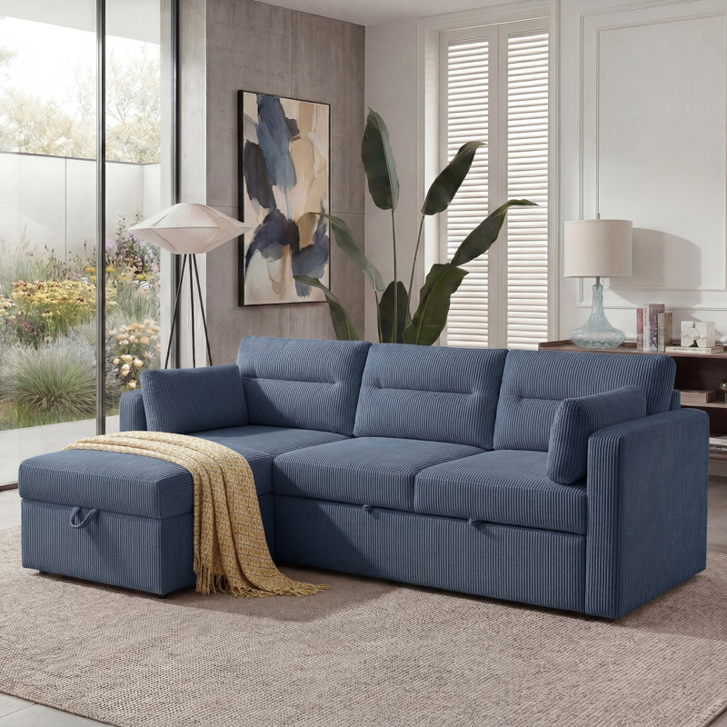 Canapé-lit modulaire en L de 92,5 po de large avec rangement en L, Velours côtelé bleu marine
