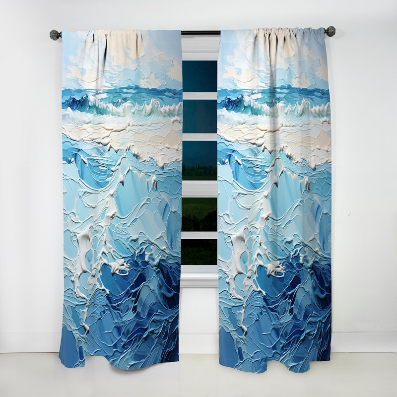 Lauren Blue And White Modern Waves Of The Coast II - Nautical Velvet Curtain - Room Darkening - 1 panel, 52" W x 108" L
