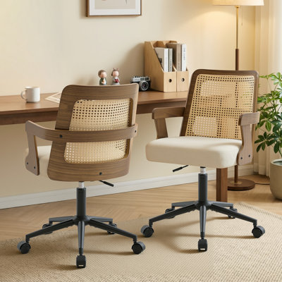 Breathable Cane Back Home Office Chair With Mid-Century Walnut Frame & Adjustable Swivel Base