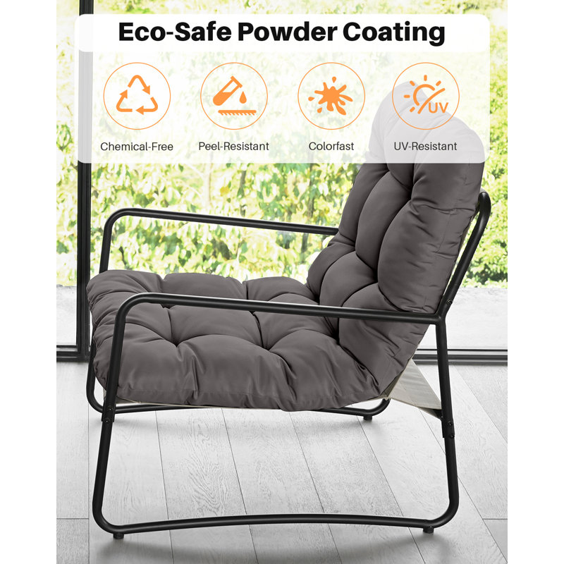 Outdoor Accent Chair, Modern Metal Outdoor Lounge Chair, Comfy Patio Accent Chair with Padded Seat, All Weather Outdoor Patio Chair for Living Room, Apartment, Bedroom, Poolside, Dark Grey