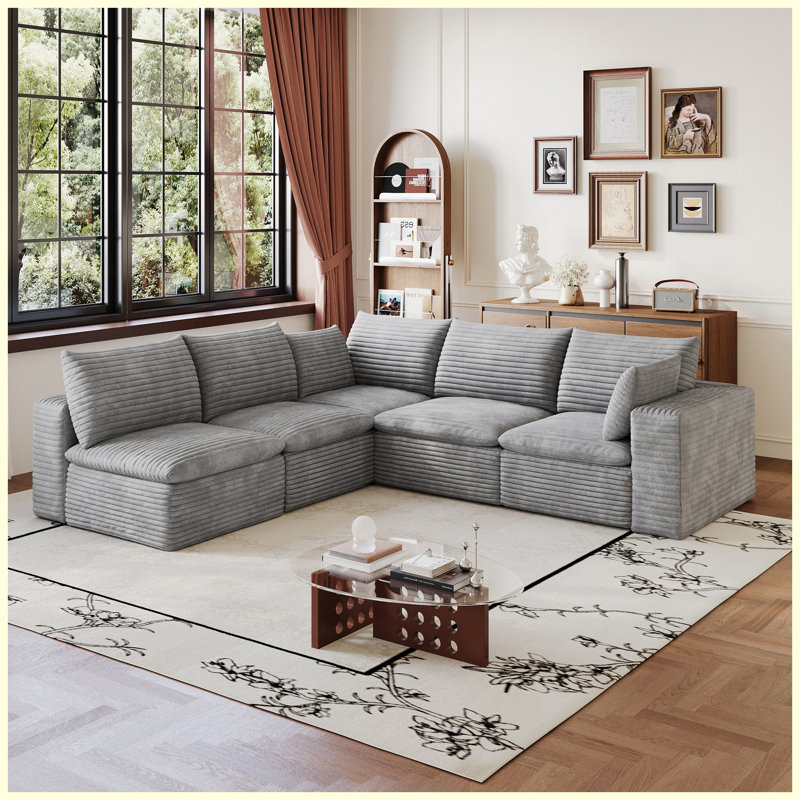 Canapé 99 po x 103 po en velours côtelé gris, siège modulaire à assise profonde et coussins amovibles, aucun assemblage requis
