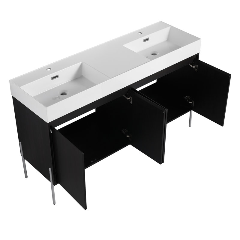 Meuble-lavabo autoportant 60 po avec double lavabo en résine, armoire de rangement avec portes à fermeture douce (ensemble KD)