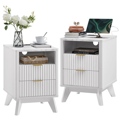 Set Of 2 Fluted Nightstands With Built-In Charging Station & Storage