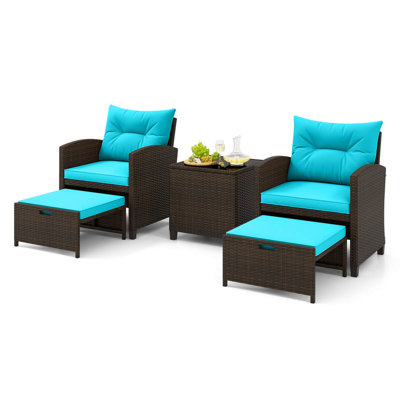 Costway 5 PCS Patio Rattan Furniture with 2 Wicker Ottomans & Tempered Glass Coffee Table Mix Brown + Turquoise