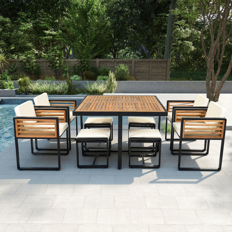 Ensemble de patio 9 pièces en bois d'acacia avec coussins - salle à manger pour 4 personnes peu encombrante, Beige
