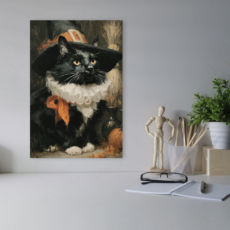 Élégante sorcière noire, style vintage et fantaisiste, portrait de chat d'automne, affiche murale, H 18 po x l 12 po