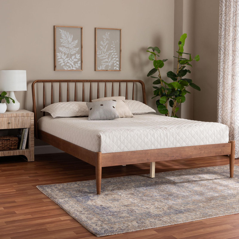 Chesterle Baxton Studio Maeron Mid-Century Modern Walnut Brown Queen Platform Bed With Spindle Headboard