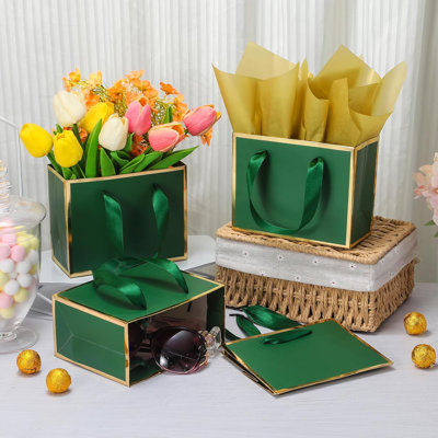 30 Pcs Small Metallic Foil Gift Bags with Handles, Green Gold Thank You Favor Bag