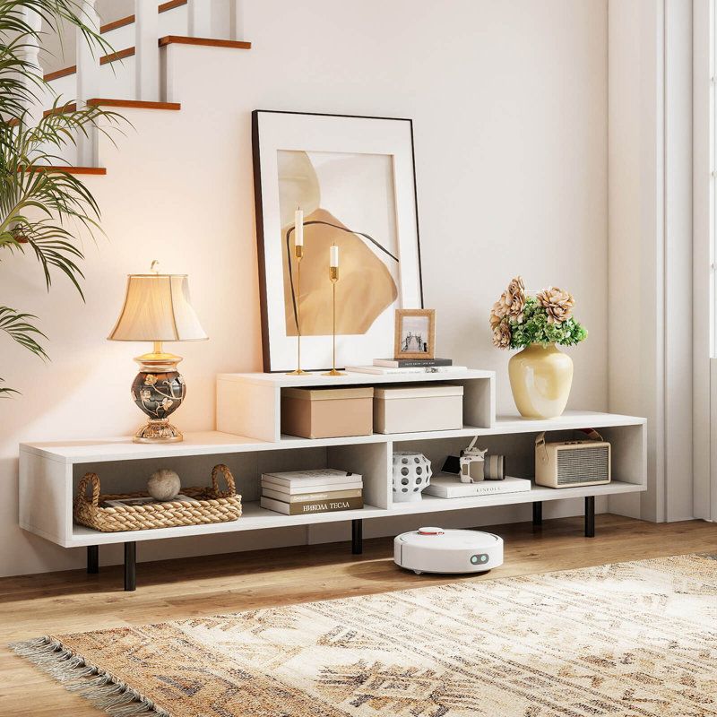 TV Stand, 63” Long Entertainment Center with Open Storage Shelves for TVs up to 70” White, White