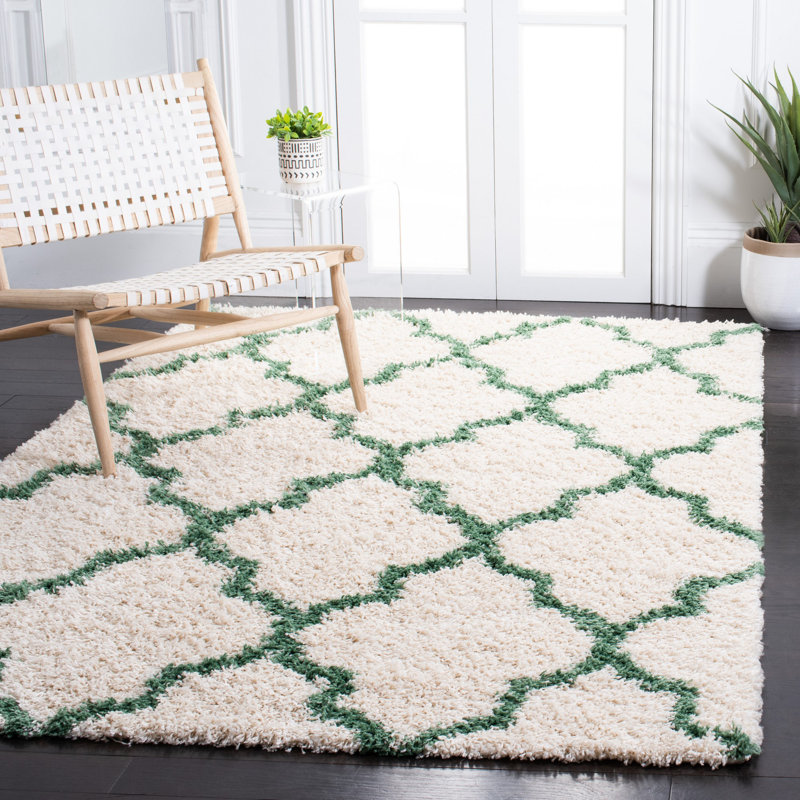 Suez Geometric Ivory/Green Area Rug, Rectangle 9' x 12'