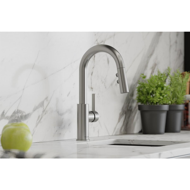 Lustrous Steel Single Hole Bar Faucet with Pull-Down Spray